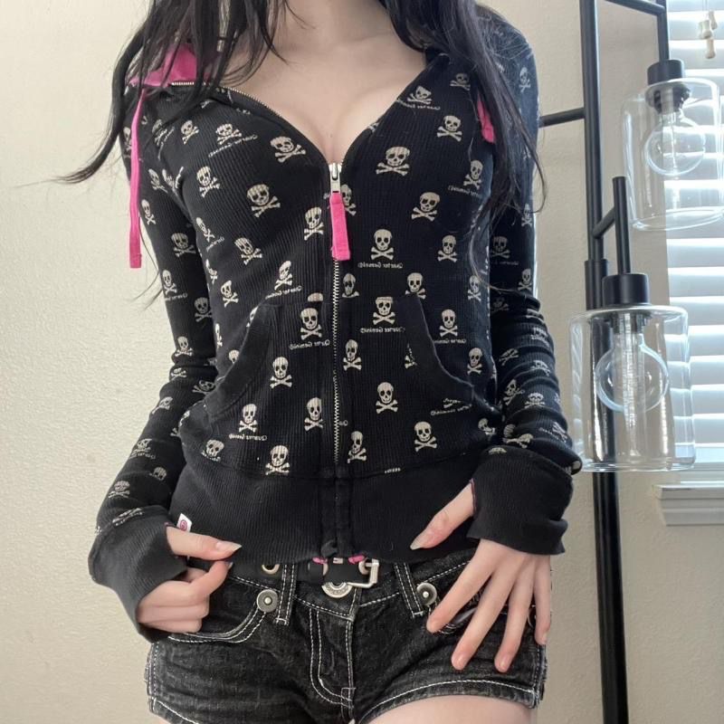Vintage Zip Hoodie - Готический кардиган с принтом скелета, контрастная