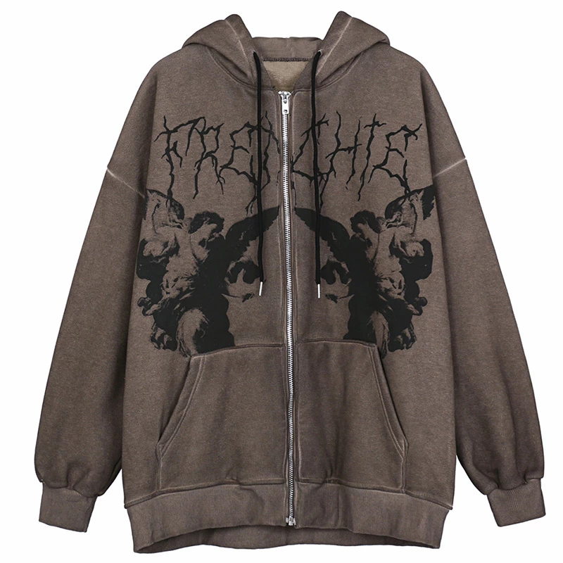 Vintage Zip Hoodie - Винтажные худи оверсайз с принтом ангела,